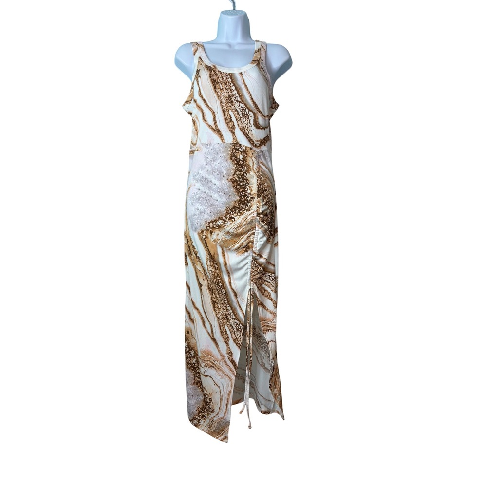 Chic Me Brown Marble Geode Print Ribbed Maxi Dress Ruched Side Slit Medium Vacay